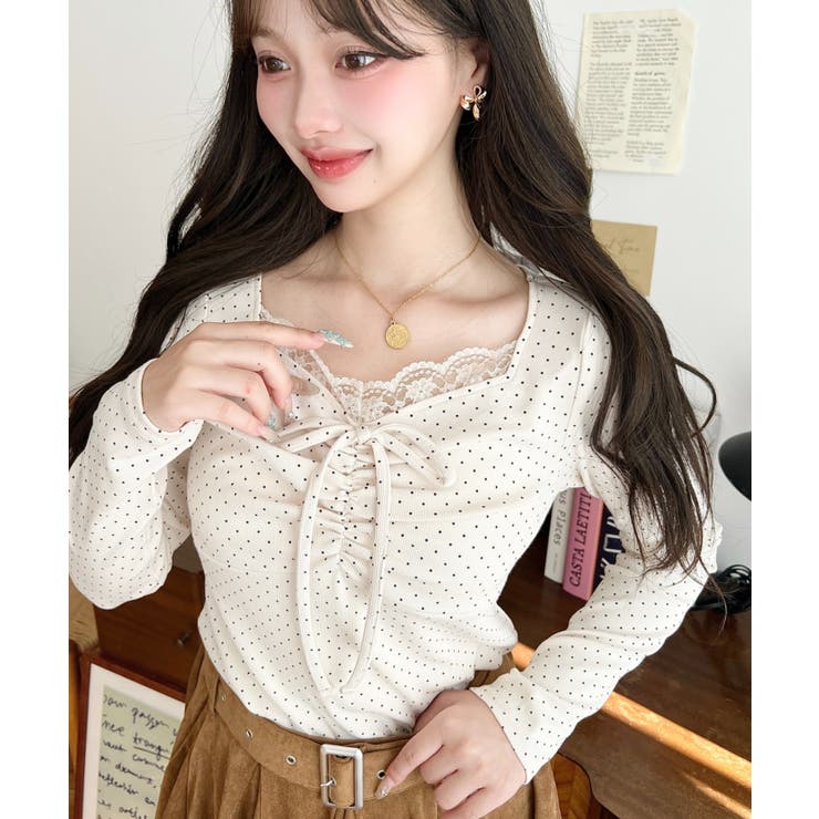 無地×ドットプリント×フロントレースギャザーリボン長袖トップス | moment+ | 詳細画像23 