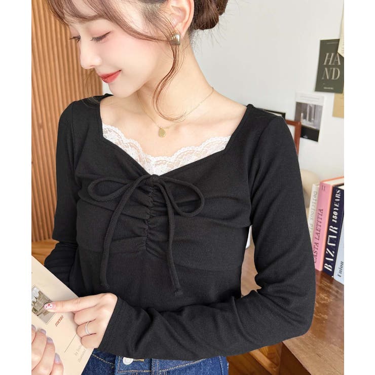 無地×ドットプリント×フロントレースギャザーリボン長袖トップス | moment+ | 詳細画像24 