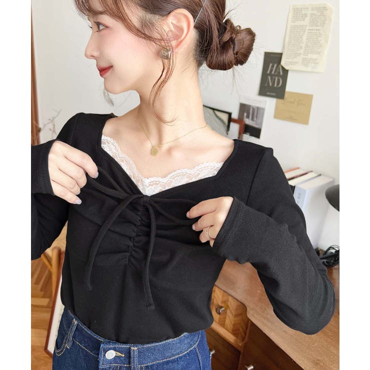 無地×ドットプリント×フロントレースギャザーリボン長袖トップス | moment+ | 詳細画像25 