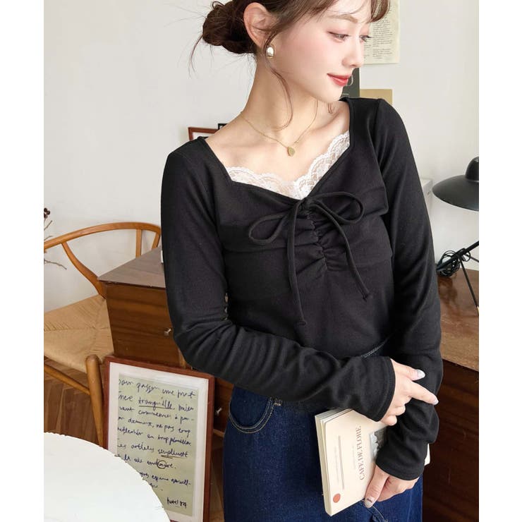 無地×ドットプリント×フロントレースギャザーリボン長袖トップス | moment+ | 詳細画像26 