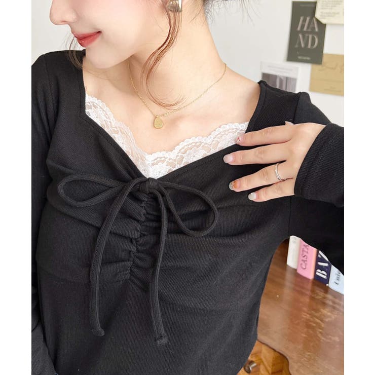 無地×ドットプリント×フロントレースギャザーリボン長袖トップス | moment+ | 詳細画像27 