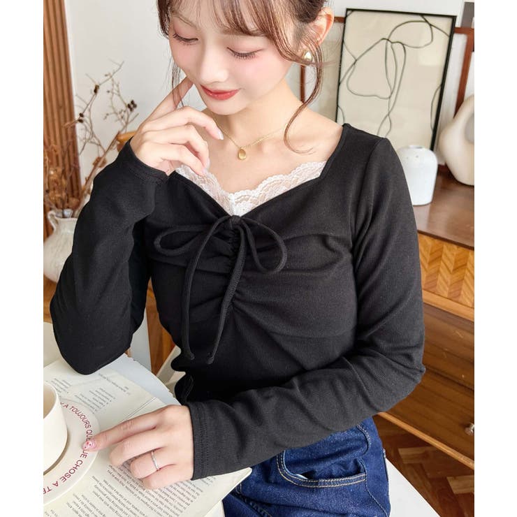 無地×ドットプリント×フロントレースギャザーリボン長袖トップス | moment+ | 詳細画像28 