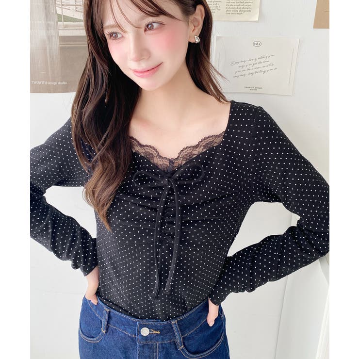 無地×ドットプリント×フロントレースギャザーリボン長袖トップス | moment+ | 詳細画像29 