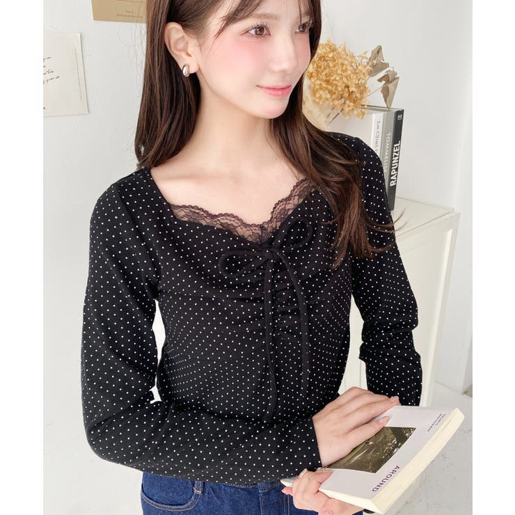 無地×ドットプリント×フロントレースギャザーリボン長袖トップス | moment+ | 詳細画像30 