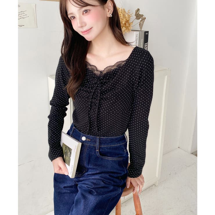 無地×ドットプリント×フロントレースギャザーリボン長袖トップス | moment+ | 詳細画像31 