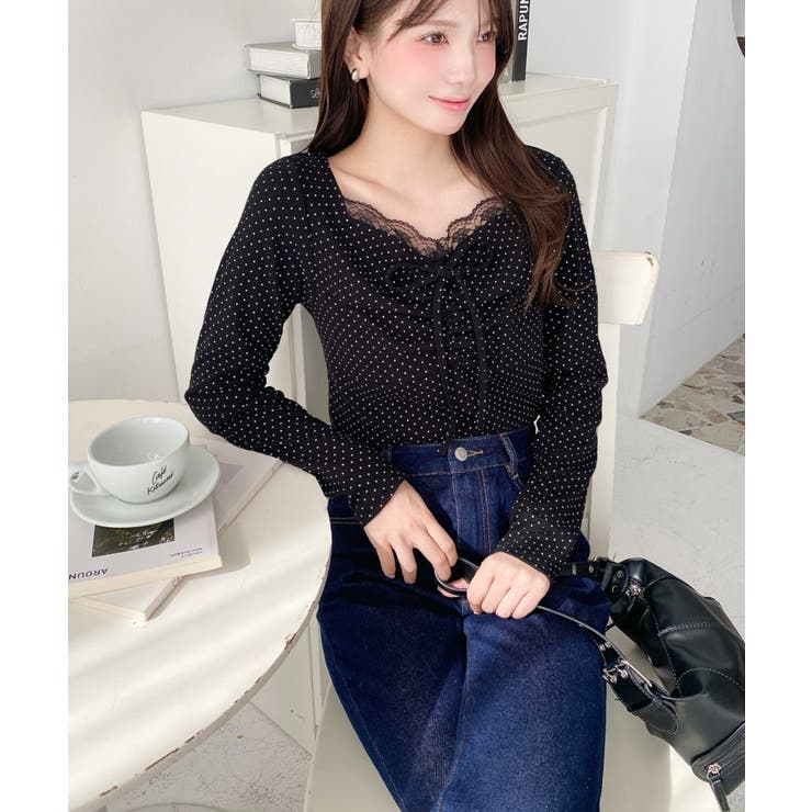 無地×ドットプリント×フロントレースギャザーリボン長袖トップス | moment+ | 詳細画像33 