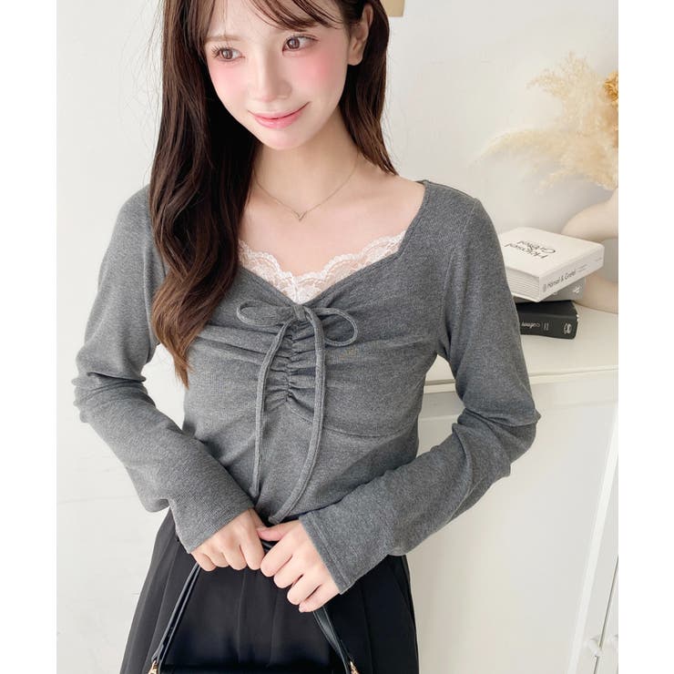 無地×ドットプリント×フロントレースギャザーリボン長袖トップス | moment+ | 詳細画像35 