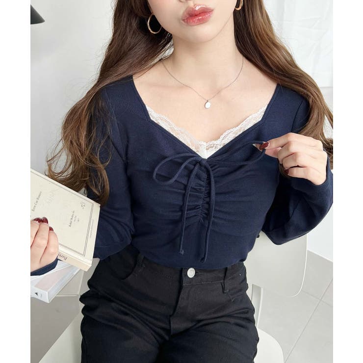 無地×ドットプリント×フロントレースギャザーリボン長袖トップス | moment+ | 詳細画像39 