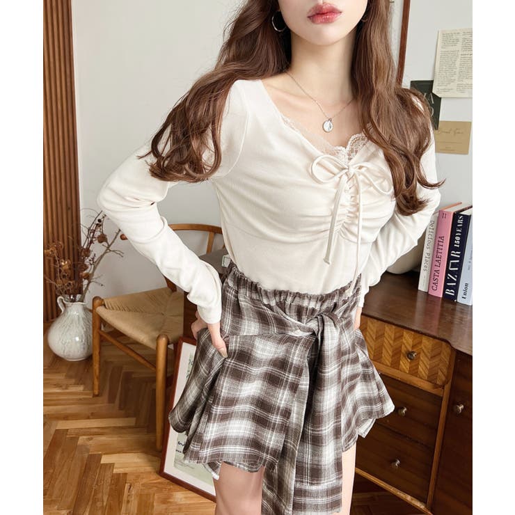 無地×ドットプリント×フロントレースギャザーリボン長袖トップス | moment+ | 詳細画像4 