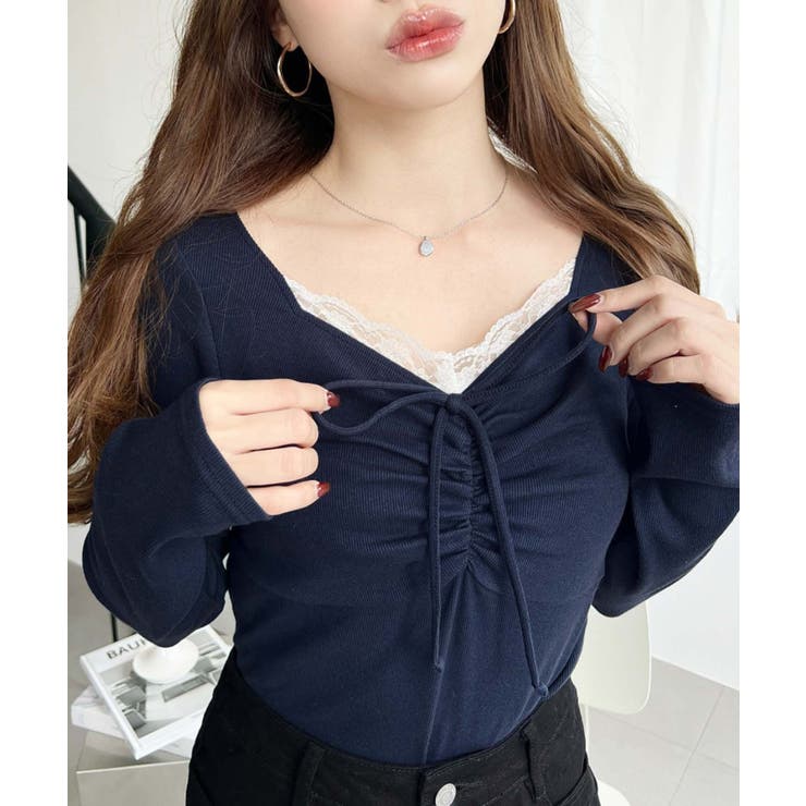 無地×ドットプリント×フロントレースギャザーリボン長袖トップス | moment+ | 詳細画像41 