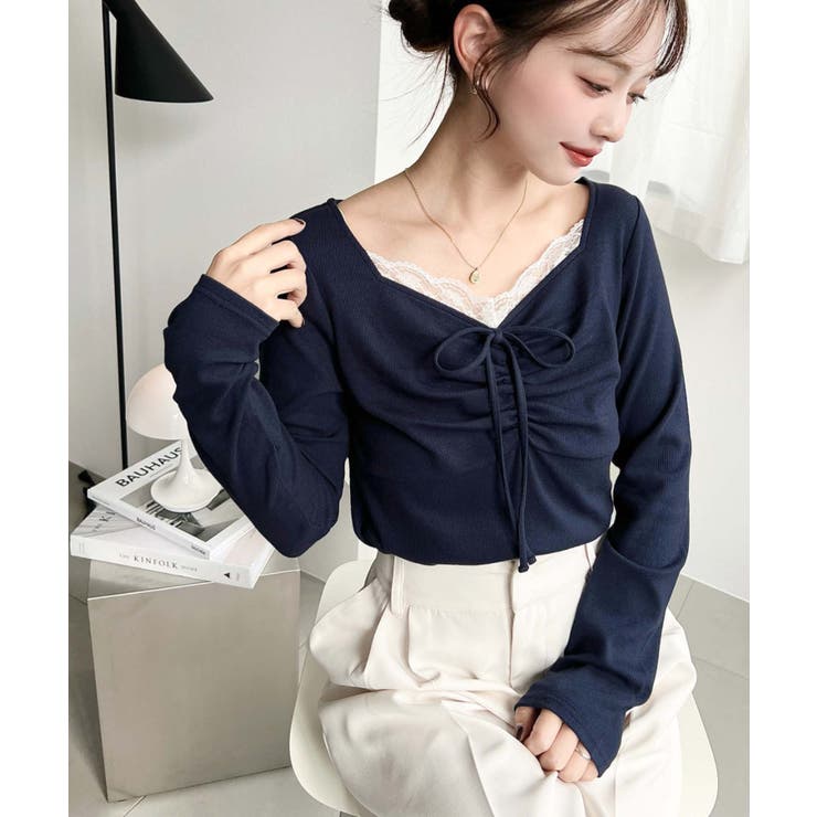 無地×ドットプリント×フロントレースギャザーリボン長袖トップス | moment+ | 詳細画像45 