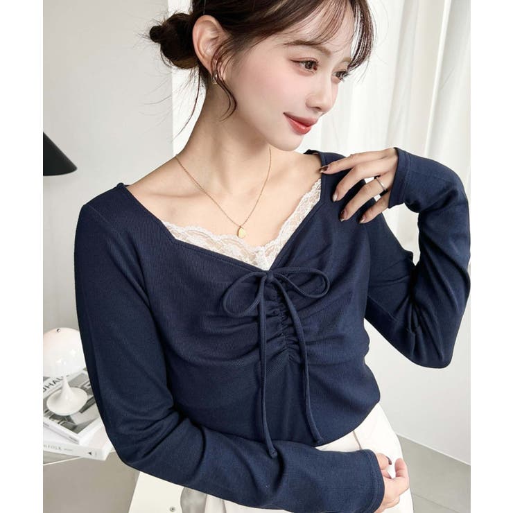 無地×ドットプリント×フロントレースギャザーリボン長袖トップス | moment+ | 詳細画像46 