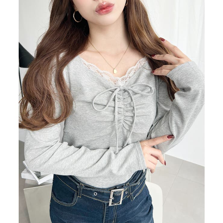 無地×ドットプリント×フロントレースギャザーリボン長袖トップス | moment+ | 詳細画像48 