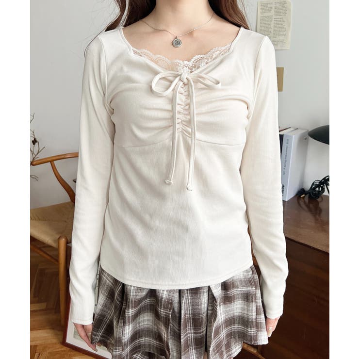 無地×ドットプリント×フロントレースギャザーリボン長袖トップス | moment+ | 詳細画像5 