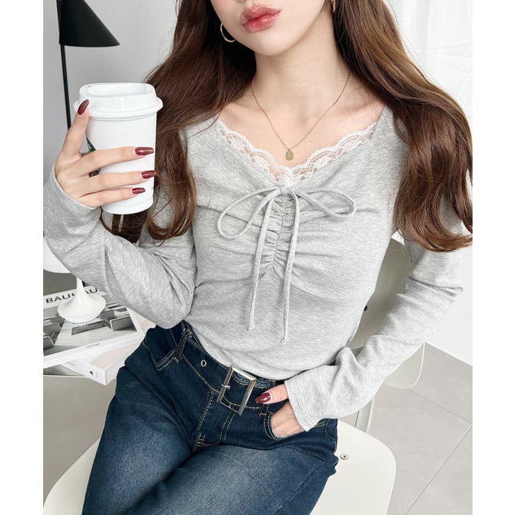 無地×ドットプリント×フロントレースギャザーリボン長袖トップス | moment+ | 詳細画像50 