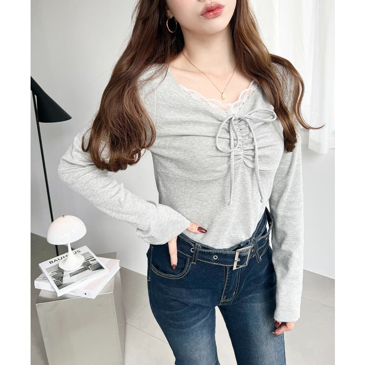 無地×ドットプリント×フロントレースギャザーリボン長袖トップス | moment+ | 詳細画像51 