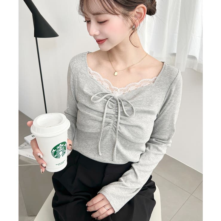 無地×ドットプリント×フロントレースギャザーリボン長袖トップス | moment+ | 詳細画像52 