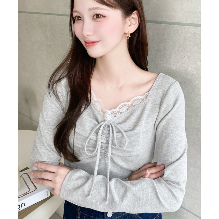 無地×ドットプリント×フロントレースギャザーリボン長袖トップス | moment+ | 詳細画像57 