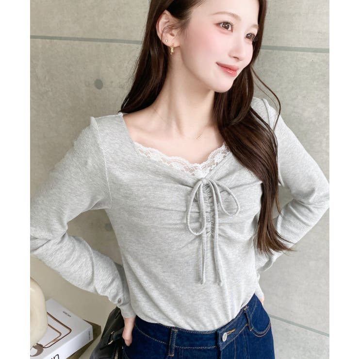 無地×ドットプリント×フロントレースギャザーリボン長袖トップス | moment+ | 詳細画像58 