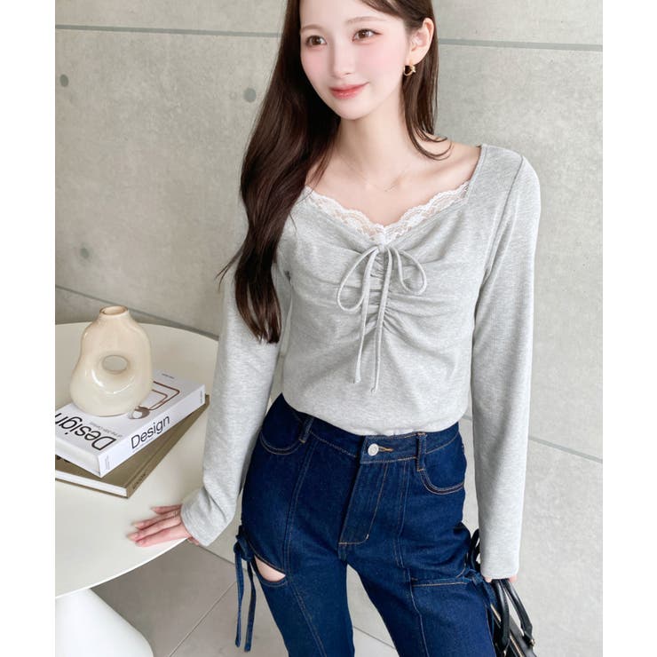 無地×ドットプリント×フロントレースギャザーリボン長袖トップス | moment+ | 詳細画像59 