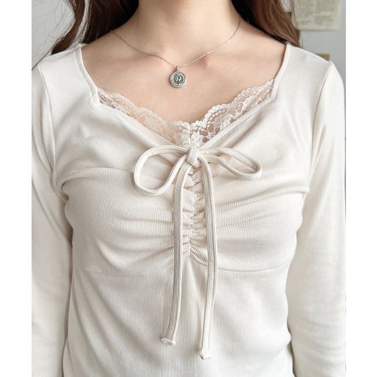 無地×ドットプリント×フロントレースギャザーリボン長袖トップス | moment+ | 詳細画像6 