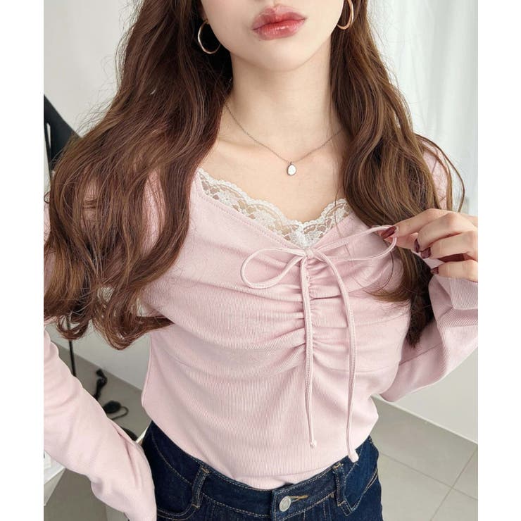 無地×ドットプリント×フロントレースギャザーリボン長袖トップス | moment+ | 詳細画像61 