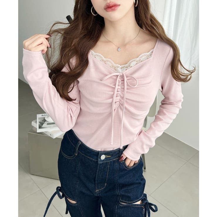 無地×ドットプリント×フロントレースギャザーリボン長袖トップス | moment+ | 詳細画像62 