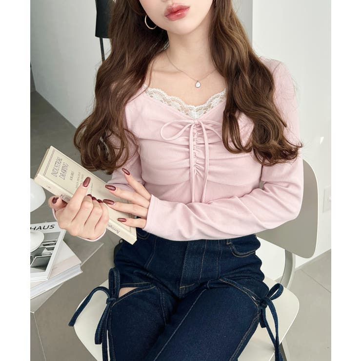 無地×ドットプリント×フロントレースギャザーリボン長袖トップス | moment+ | 詳細画像63 