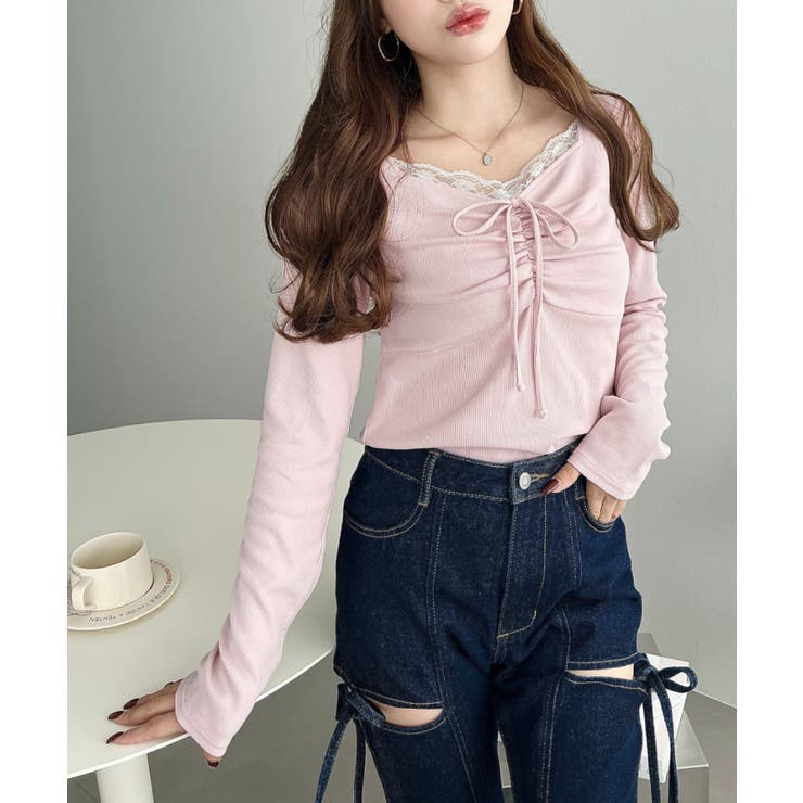 無地×ドットプリント×フロントレースギャザーリボン長袖トップス | moment+ | 詳細画像64 