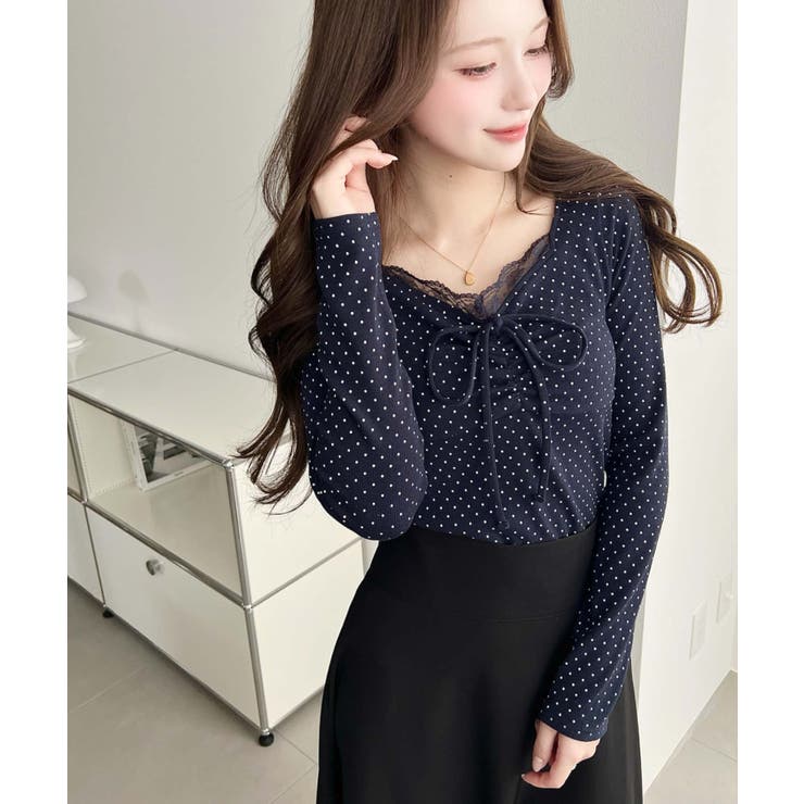 無地×ドットプリント×フロントレースギャザーリボン長袖トップス | moment+ | 詳細画像67 