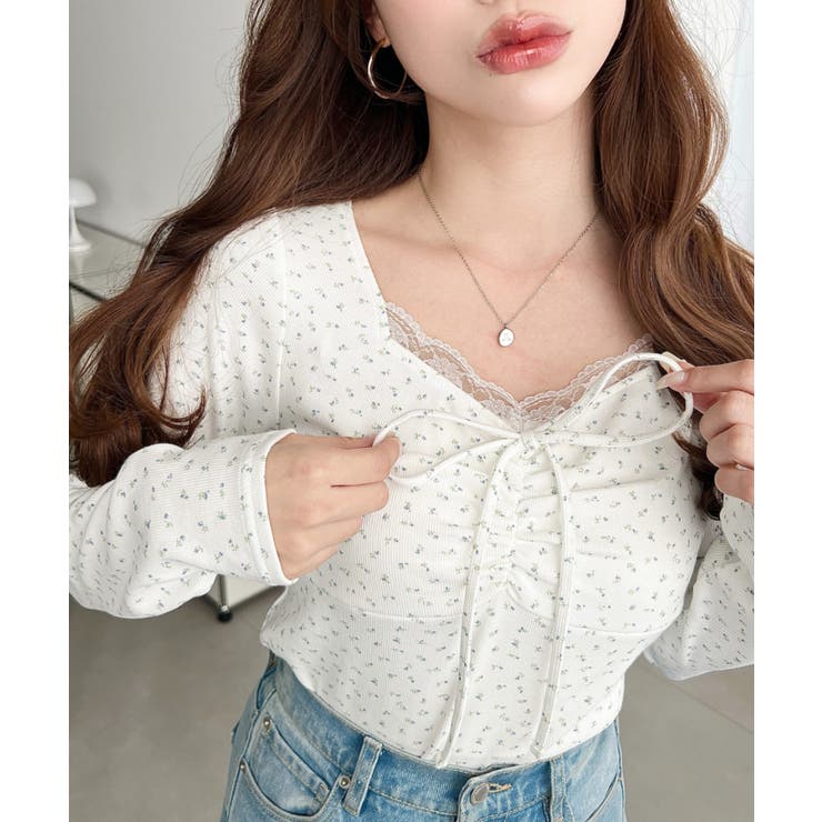 無地×ドットプリント×フロントレースギャザーリボン長袖トップス | moment+ | 詳細画像69 