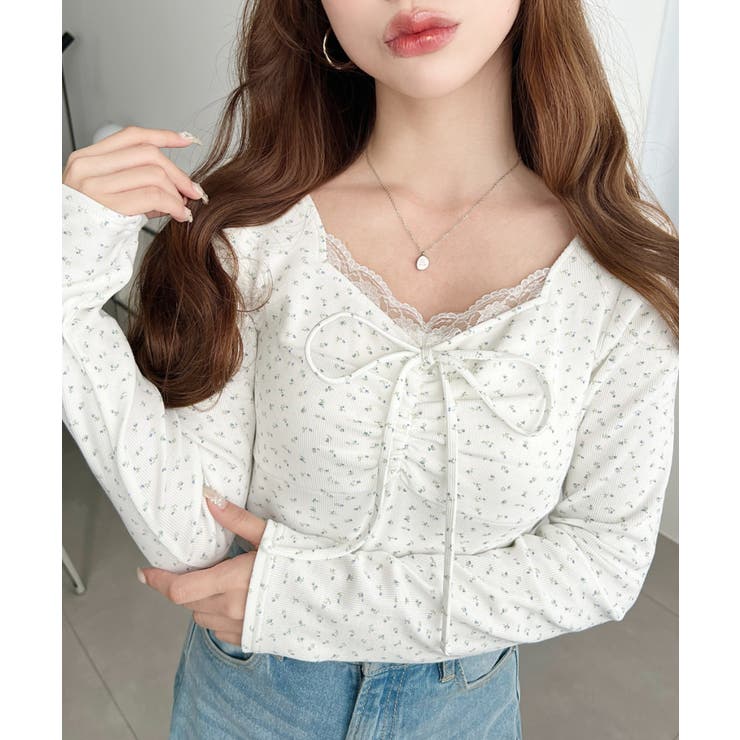 無地×ドットプリント×フロントレースギャザーリボン長袖トップス | moment+ | 詳細画像70 