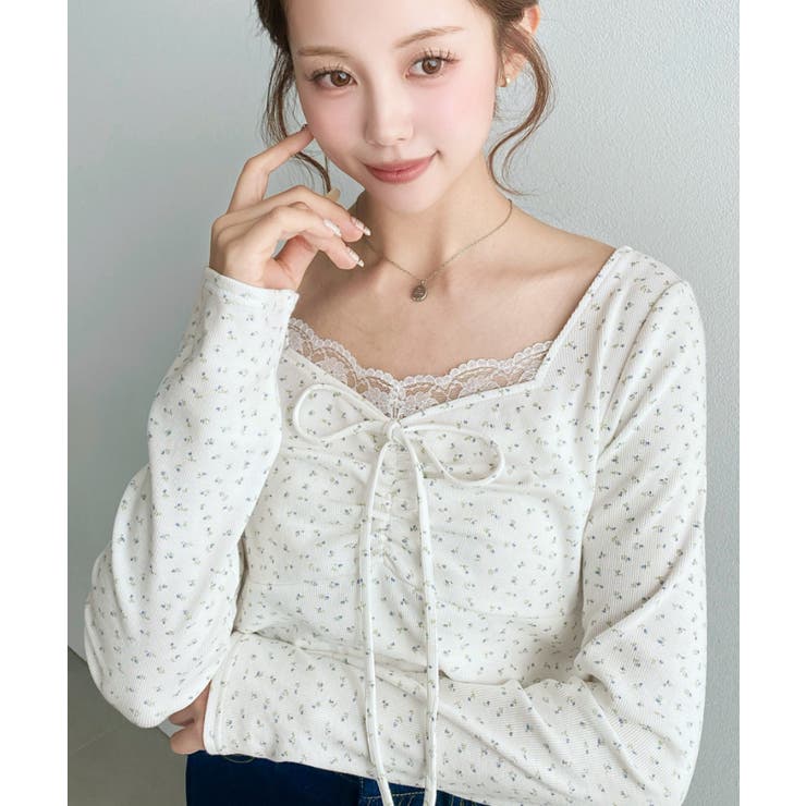 無地×ドットプリント×フロントレースギャザーリボン長袖トップス | moment+ | 詳細画像72 