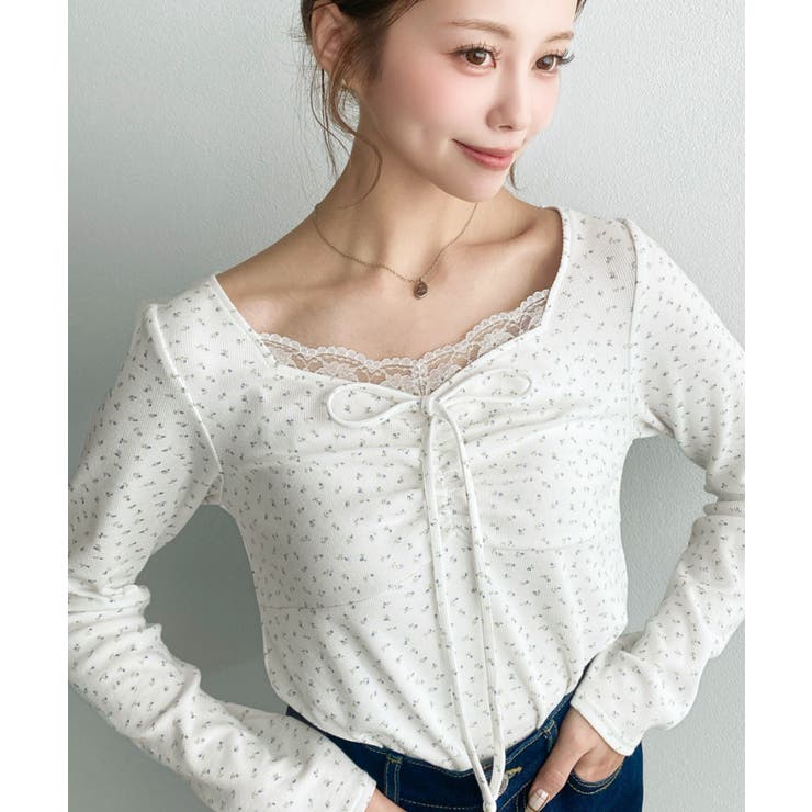 無地×ドットプリント×フロントレースギャザーリボン長袖トップス | moment+ | 詳細画像73 