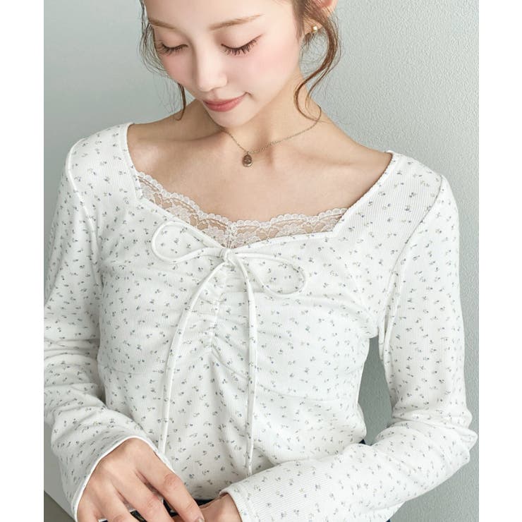 無地×ドットプリント×フロントレースギャザーリボン長袖トップス | moment+ | 詳細画像74 