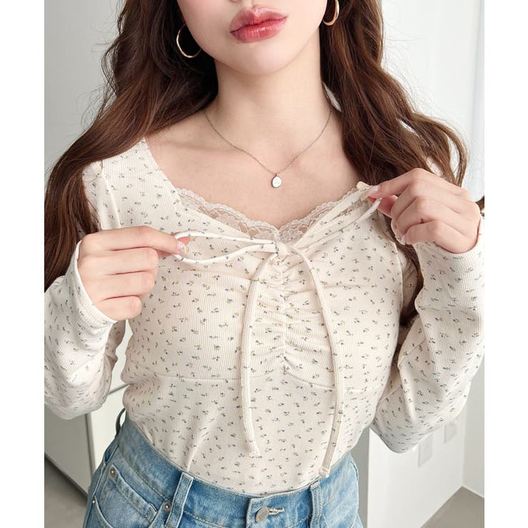 無地×ドットプリント×フロントレースギャザーリボン長袖トップス | moment+ | 詳細画像75 