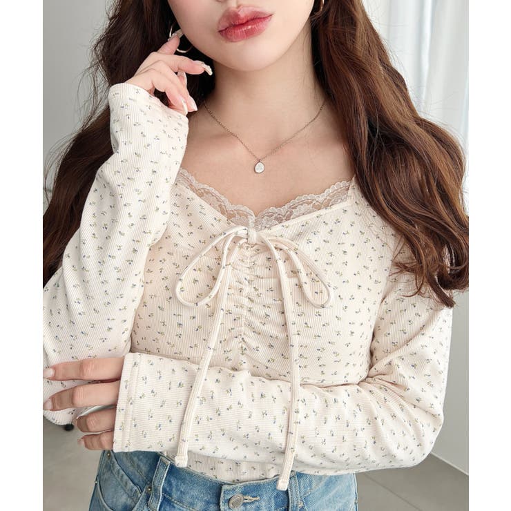 無地×ドットプリント×フロントレースギャザーリボン長袖トップス | moment+ | 詳細画像76 