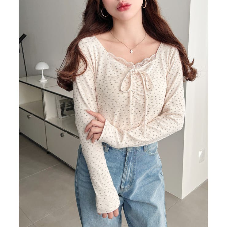 無地×ドットプリント×フロントレースギャザーリボン長袖トップス | moment+ | 詳細画像77 