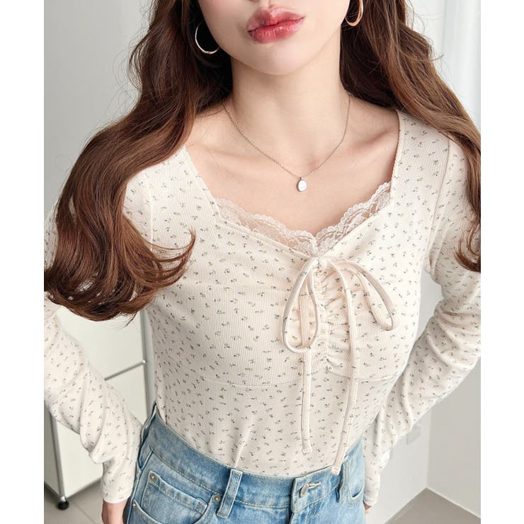 無地×ドットプリント×フロントレースギャザーリボン長袖トップス | moment+ | 詳細画像78 