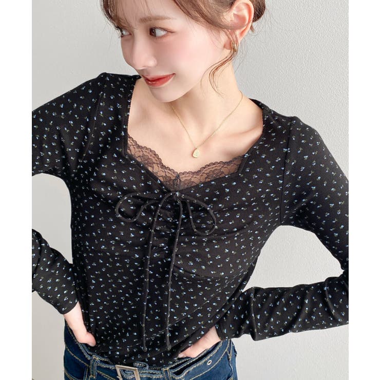 無地×ドットプリント×フロントレースギャザーリボン長袖トップス | moment+ | 詳細画像79 