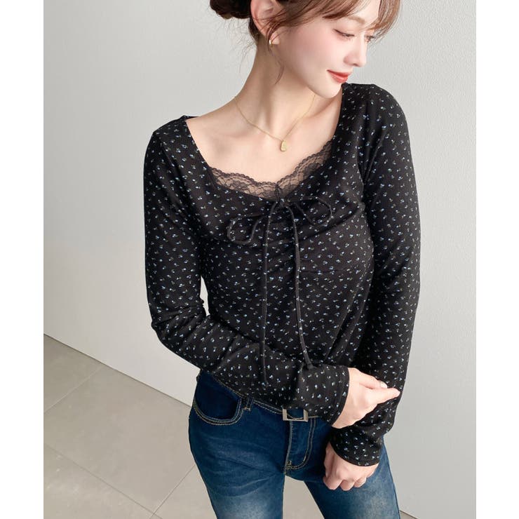 無地×ドットプリント×フロントレースギャザーリボン長袖トップス | moment+ | 詳細画像80 