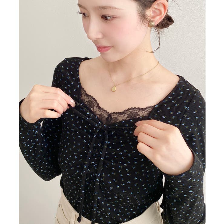 無地×ドットプリント×フロントレースギャザーリボン長袖トップス | moment+ | 詳細画像82 