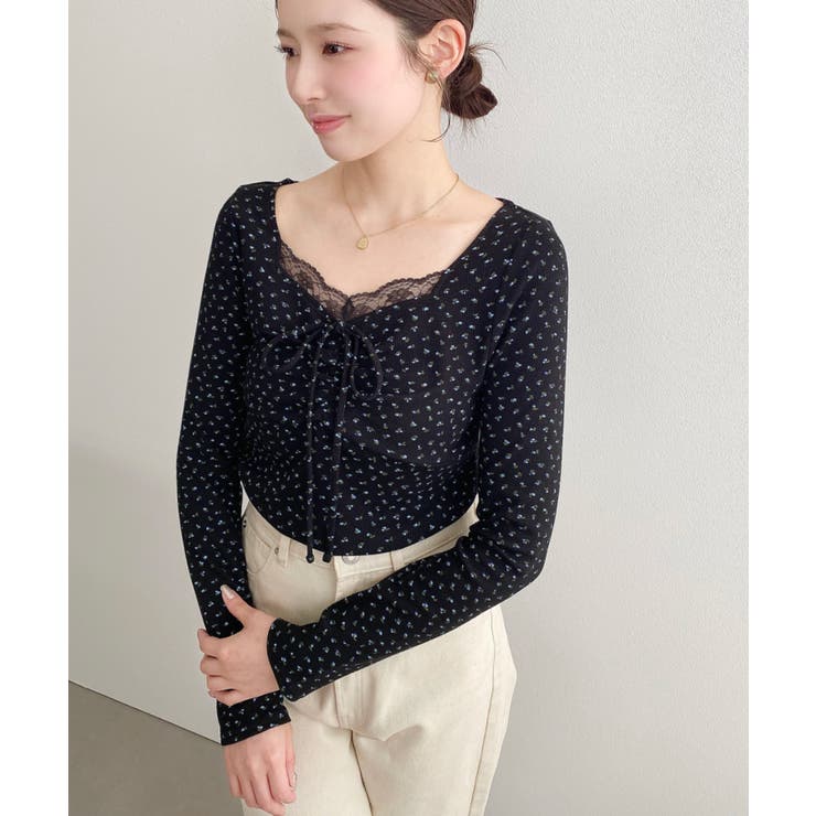 無地×ドットプリント×フロントレースギャザーリボン長袖トップス | moment+ | 詳細画像85 
