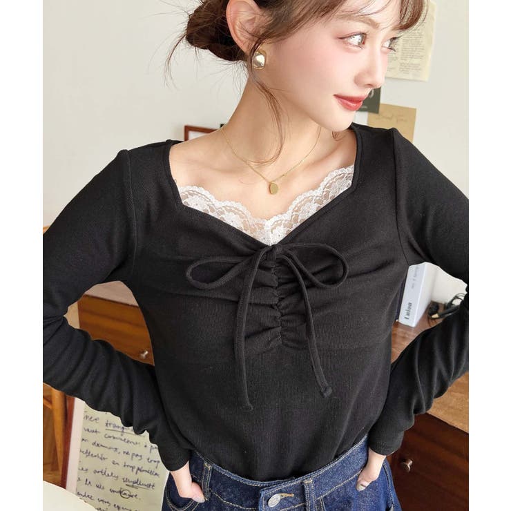 ブラック | 無地×ドットプリント×フロントレースギャザーリボン長袖トップス | moment+