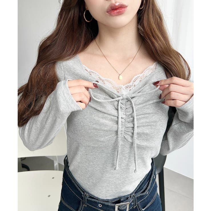 杢グレー | 無地×ドットプリント×フロントレースギャザーリボン長袖トップス | moment+