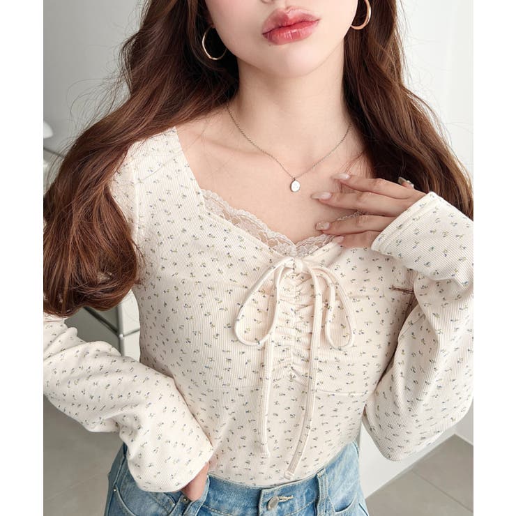 イエロー系2 | 無地×ドットプリント×フロントレースギャザーリボン長袖トップス | moment+