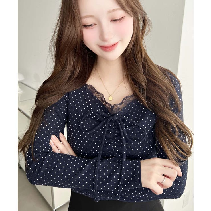 ネイビー系 | 無地×ドットプリント×フロントレースギャザーリボン長袖トップス | moment+