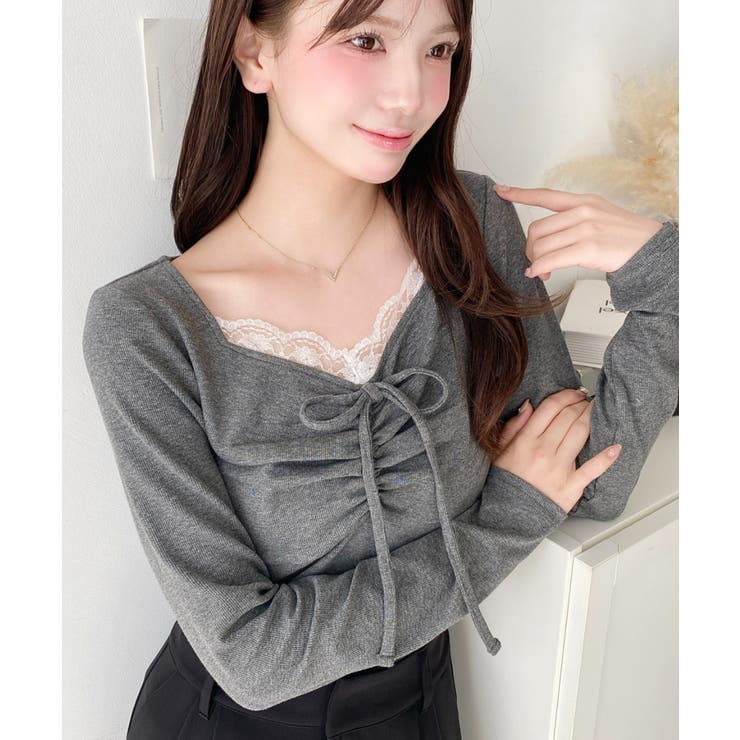 チャコールグレー | 無地×ドットプリント×フロントレースギャザーリボン長袖トップス | moment+