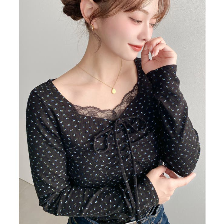 ブラック系2 | 無地×ドットプリント×フロントレースギャザーリボン長袖トップス | moment+