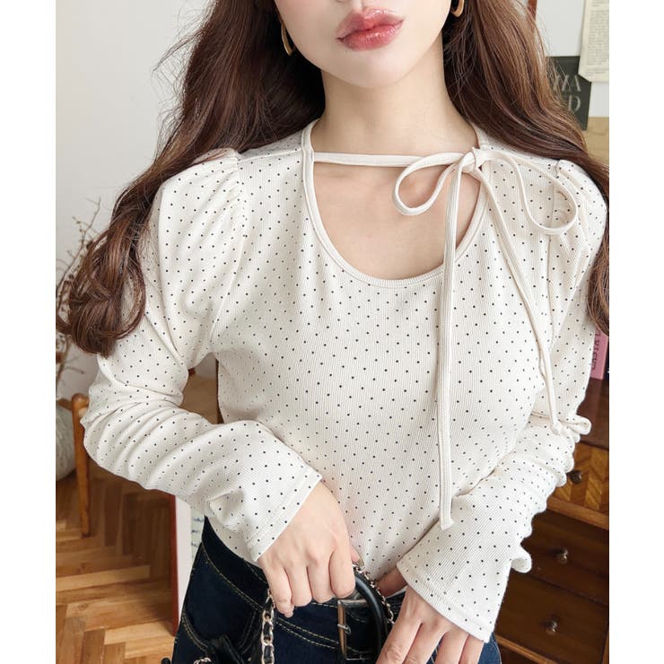 ドットプリントバレエコアパフスリーブ長袖カットソー | moment+ | 詳細画像4 